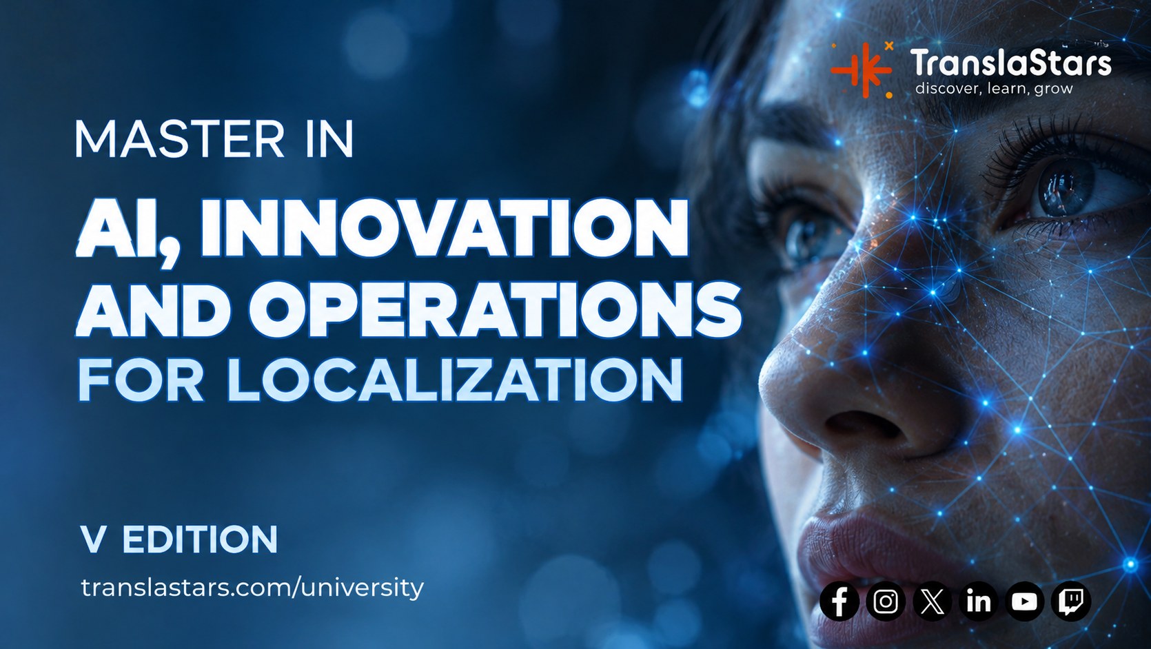 Máster en Inteligencia Artificial, Innovación y Operaciones para la Localización (Ed. V) de TranslaStars: portada oficial del máster